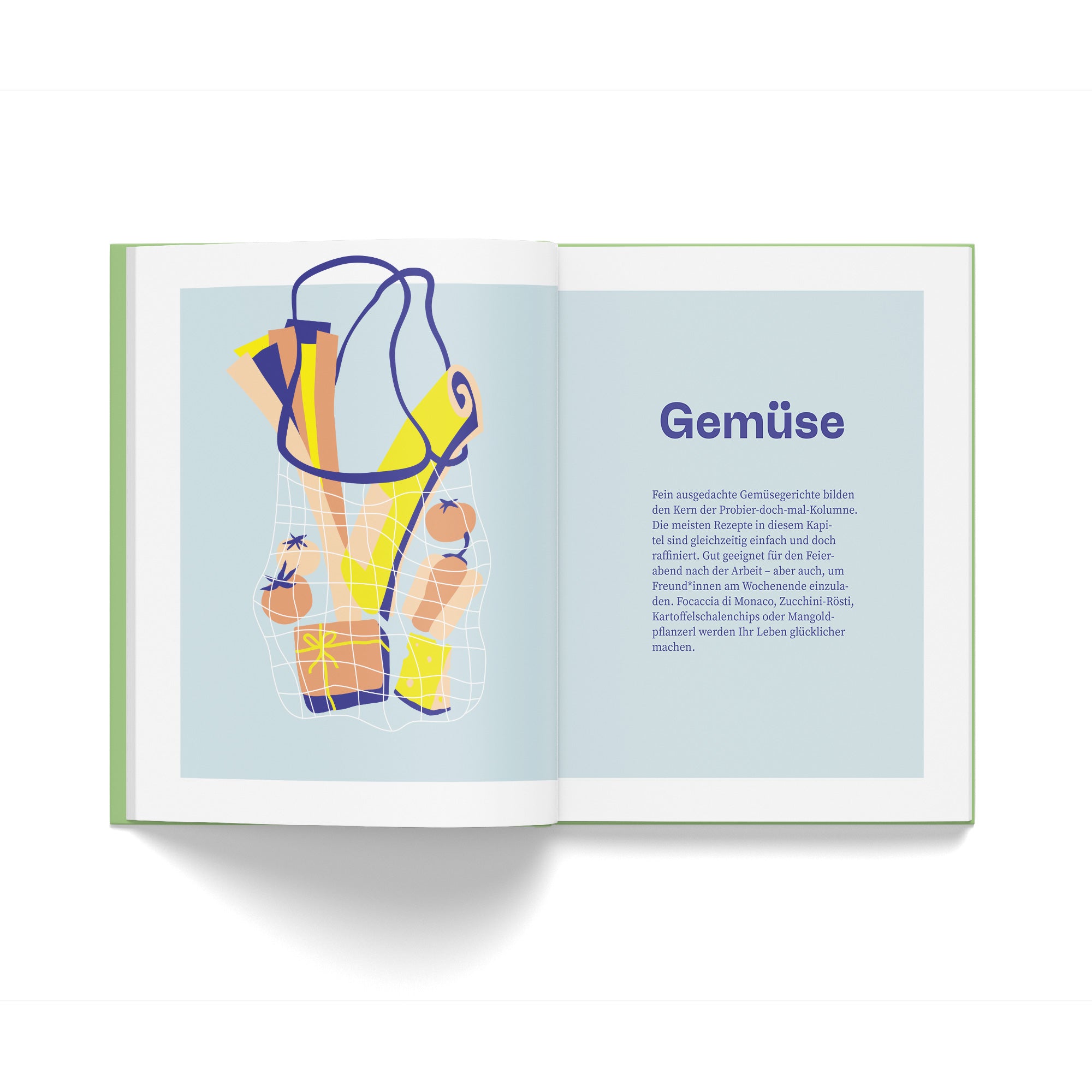 Ein offenes Buch mit einer Abbildung von Gemüse in einem Netzbeutel neben dem deutschen Text mit dem Titel „Gemüse“.