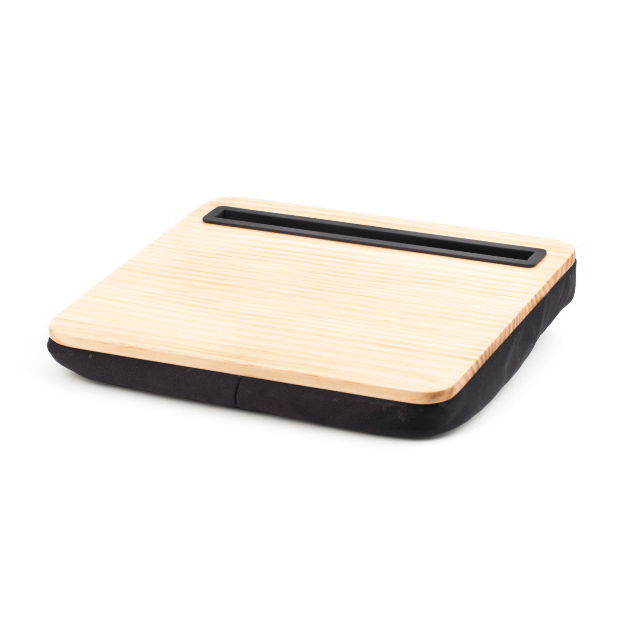 Die iBed Tablet-Knieablage – Holz ist ein rechteckiger Schoßschreibtisch aus Holz mit einer schwarzen Kissenbasis und einem Schlitz zur Aufnahme Ihres Tablets oder Telefons.