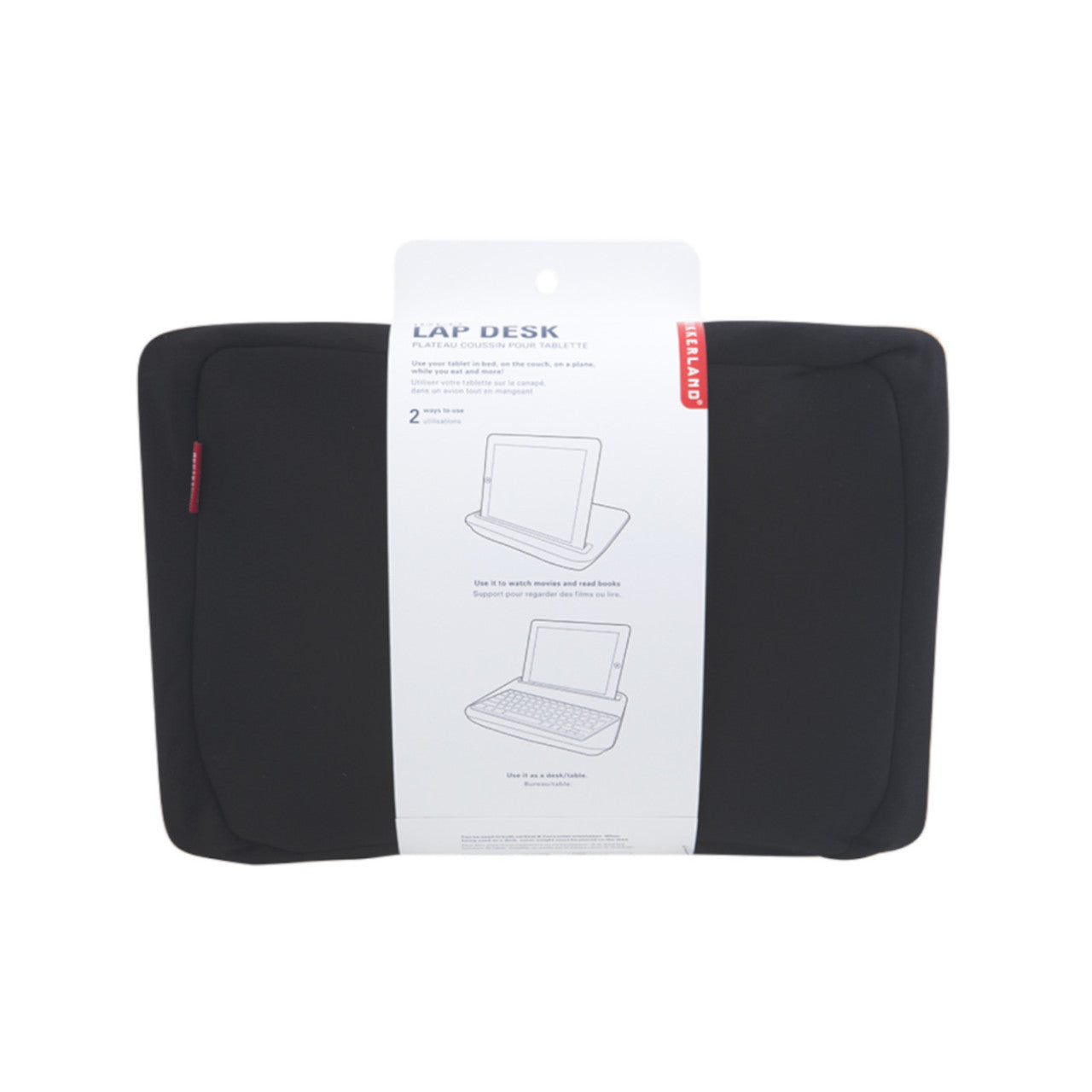 IBed Tablet-Knieablage – Holz-Schoßschreibtisch mit weißem Verpackungsetikett mit Produktbildern und Gebrauchsanweisungen.