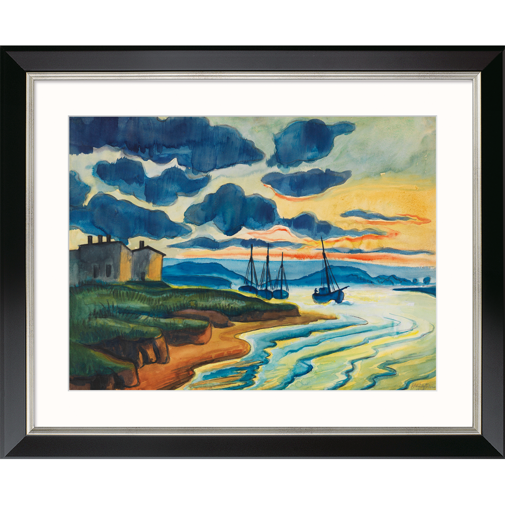 Max Pechstein: Bild „Sonnenuntergang“ (1925), Version schwarz gerahmt – farbenfrohes Gemälde mit Segelbooten am Ufer bei Sonnenuntergang, dramatischen Wolken und einem Gebäude links.