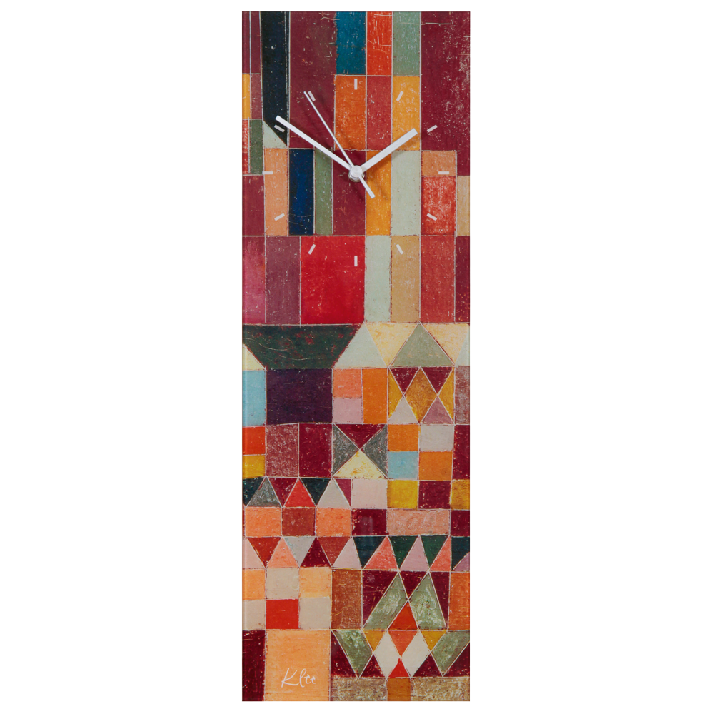 Rechteckige Wanduhr, Paul Klee: Wanduhr „Burg und Sonne“ mit farbenfrohen geometrischen Mustern, inspiriert von der abstrakten Kunst Paul Klees.