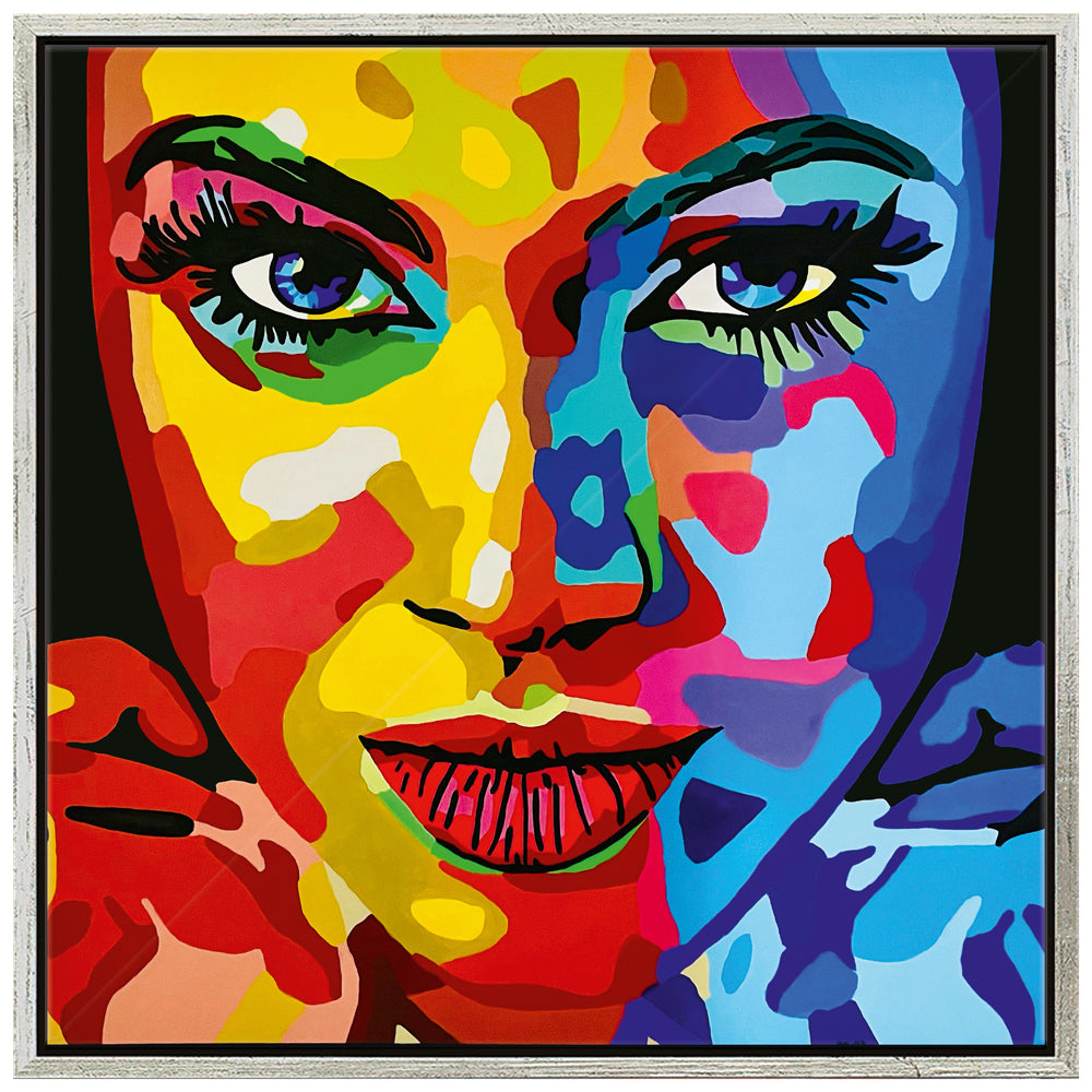 Farbenfrohes Pop-Art-Porträt von Uli Fischer: Bild „Pretty Woman“ (2022), zeigt ein Frauengesicht mit kräftigen, abstrakten Formen in Rot, Gelb, Blau und Lila.