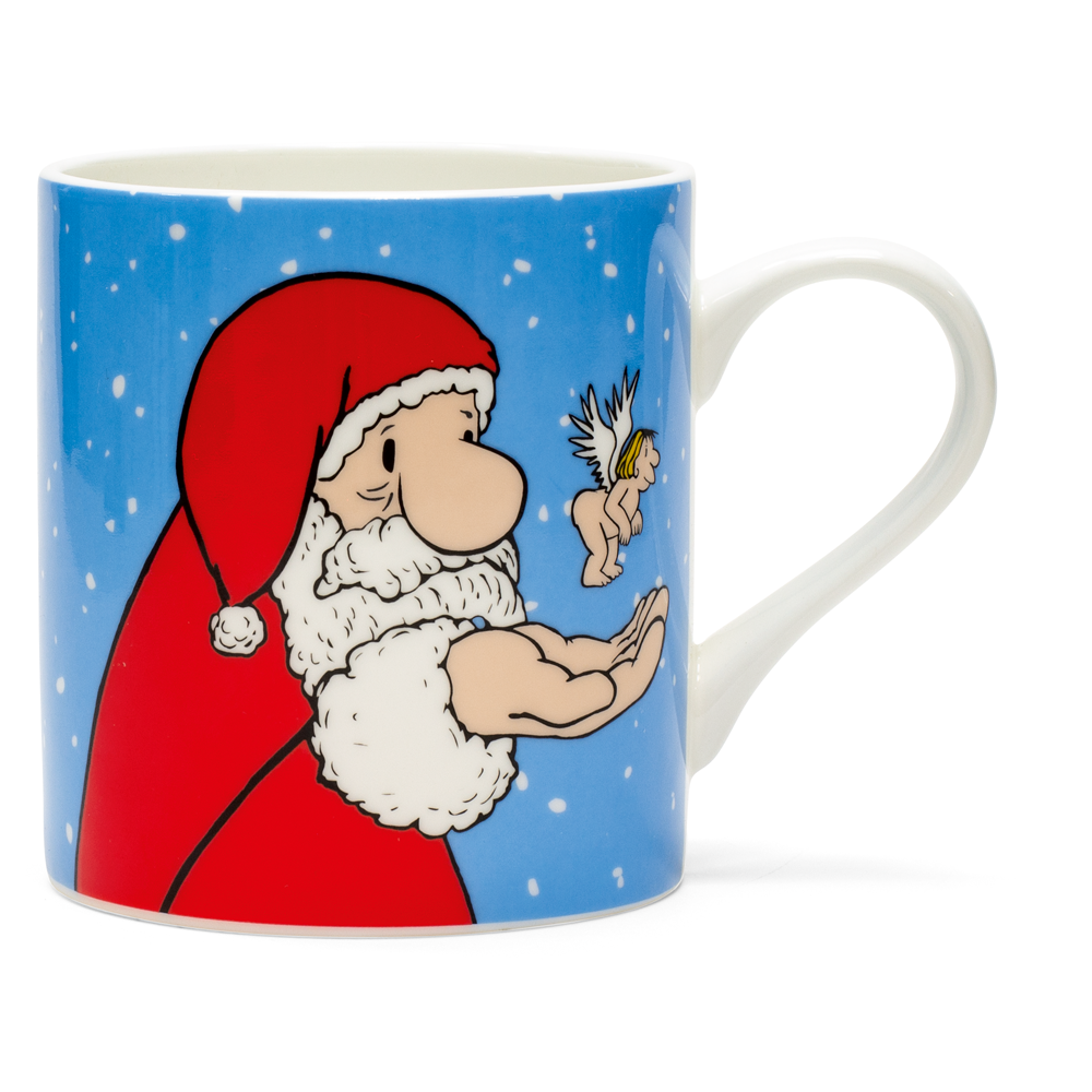 Blaues Tassenset: „Weihnachtsmops und Weihnachtsmann“ von Loriot, mit einem Zeichentrick-Weihnachtsmann mit einer kleinen geflügelten Fee und Schnee im Hintergrund.