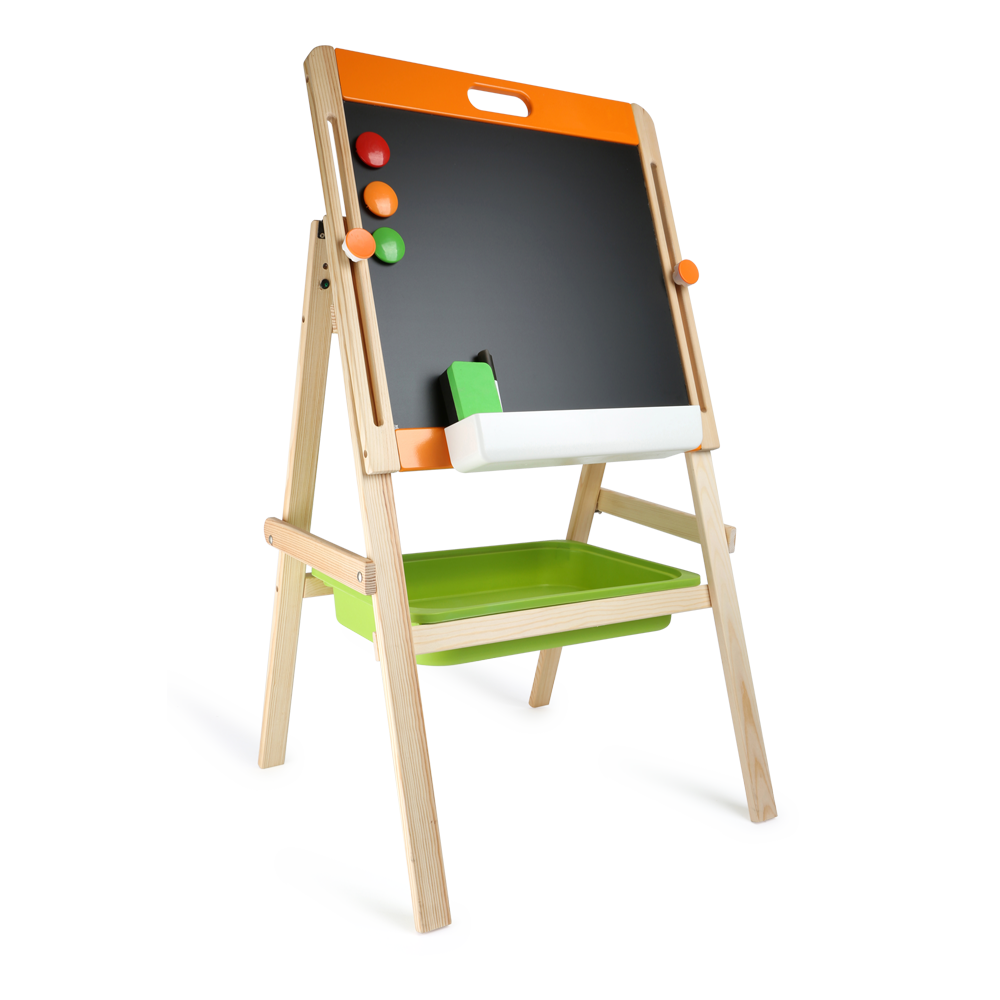 Kreide- und Magnettafel: Hölzerne Kinderstaffelei mit Tafel, orangen und grünen Akzenten, Tablett und bunten runden Magneten.