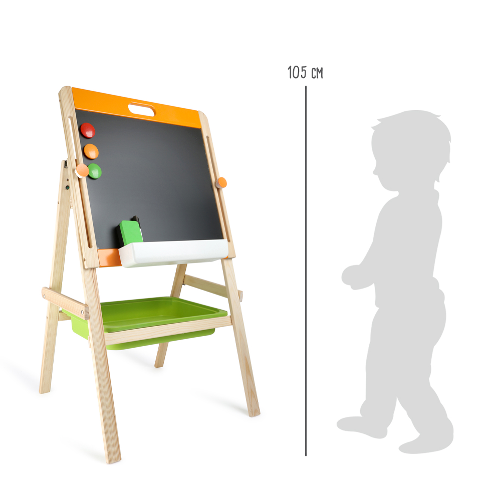 Kreide- und Magnettafel mit Ablage neben einer Kindersilhouette, die 105 cm groß ist.