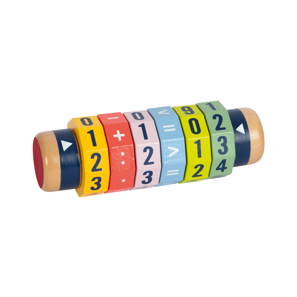 Die Rechenrolle Kleines 1x1 „Educate“ ist ein lebendiger Mathe-Puzzle-Zylinder aus Holz mit rotierenden Abschnitten mit Zahlen und Symbolen.
