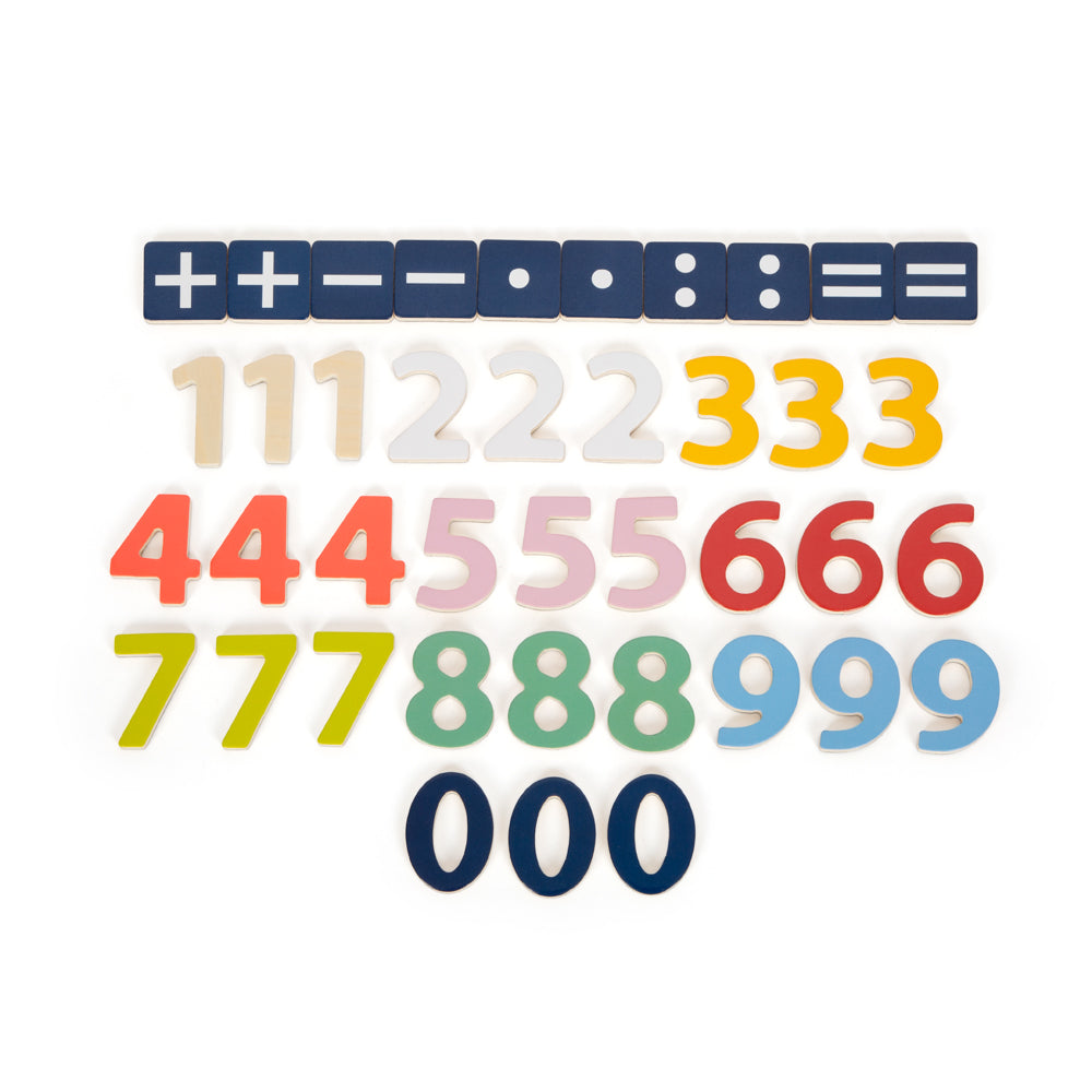 Bunte Magnetzahlen „Educate“: Magnetische Zahlen 0-9 und Mathe-Symbole (+, -, ×, ÷, =) ordentlich auf weißem Hintergrund angeordnet.