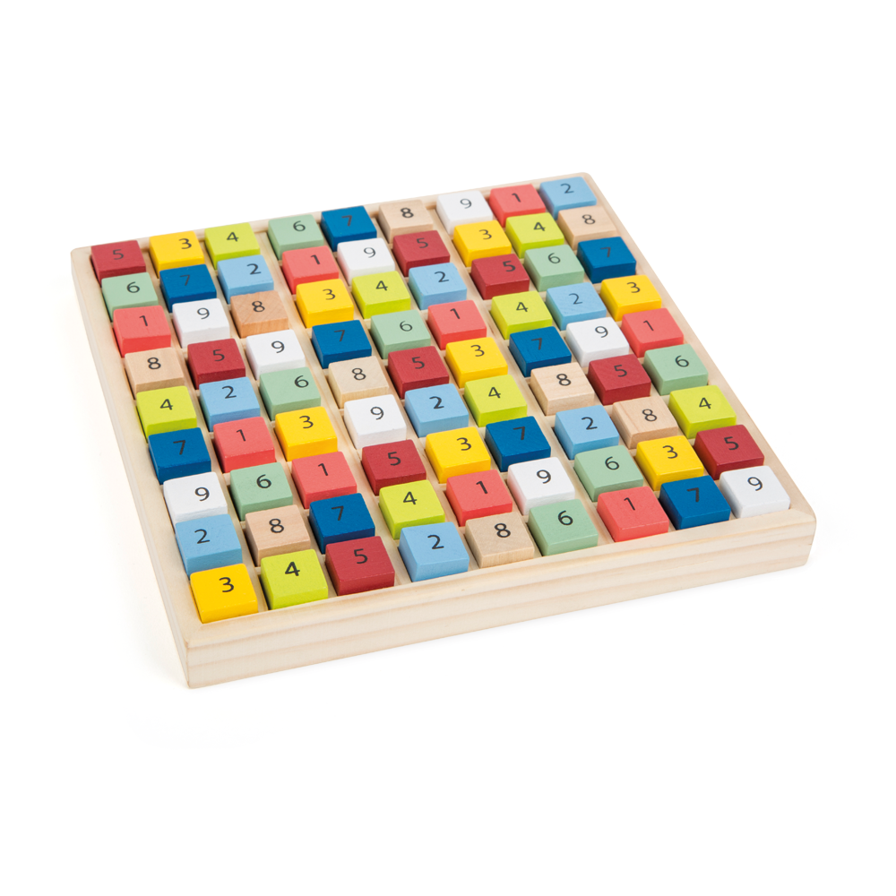 Das Buntes Sudoku „Educate“ ist ein Brettspiel aus Holz mit bunten, nummerierten Blöcken, die in einem Raster angeordnet sind.