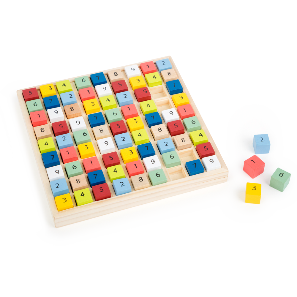 Das Buntes Sudoku „Educate“ besteht aus einem Holzbrett mit bunten, nummerierten Blöcken und enthält neben dem Hauptset einige zusätzliche Teile.