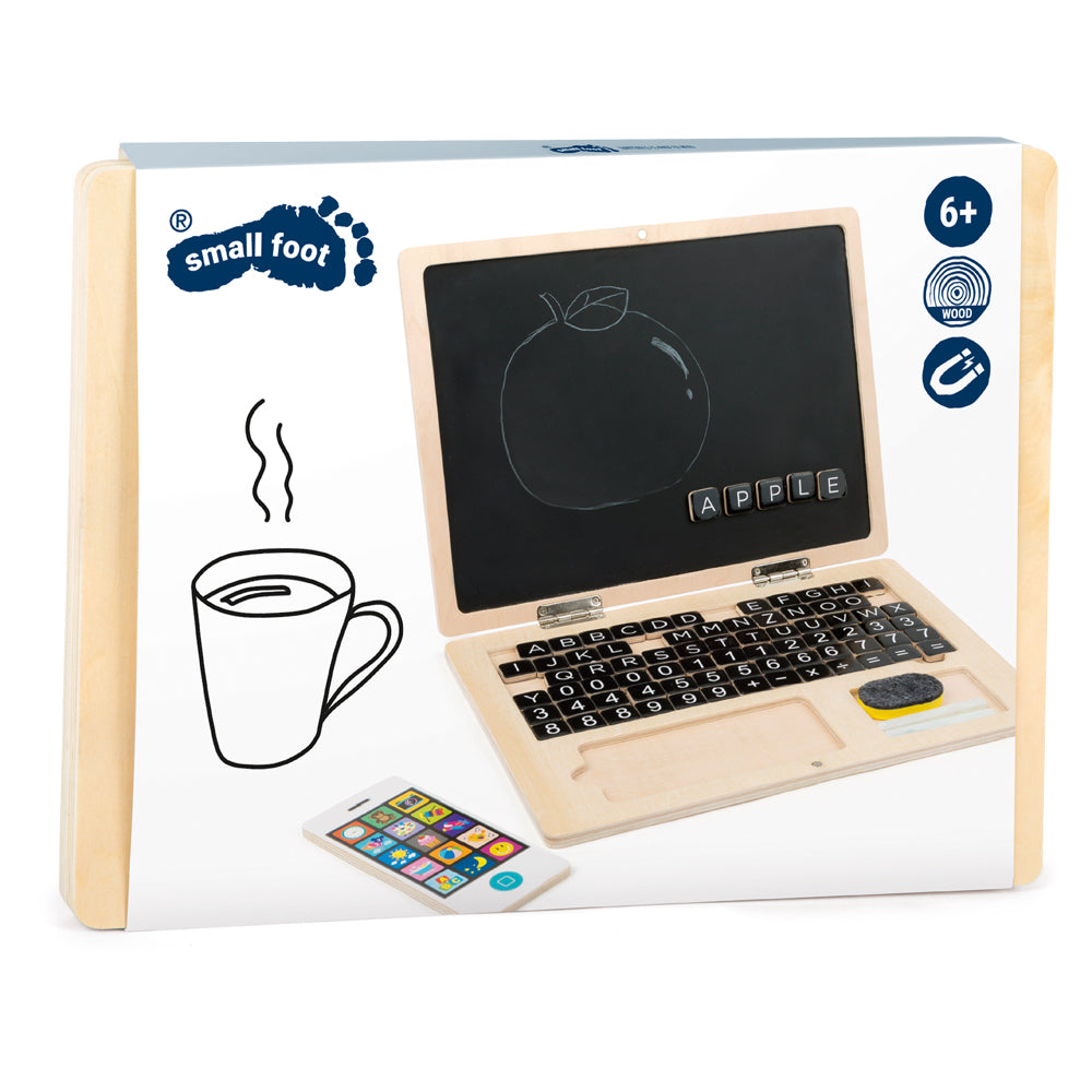 Holz-Laptop mit Magnet-Tafel, abgebildet mit einer Kreidezeichnung eines Apfels und einem Holzbecher auf der Verpackung.