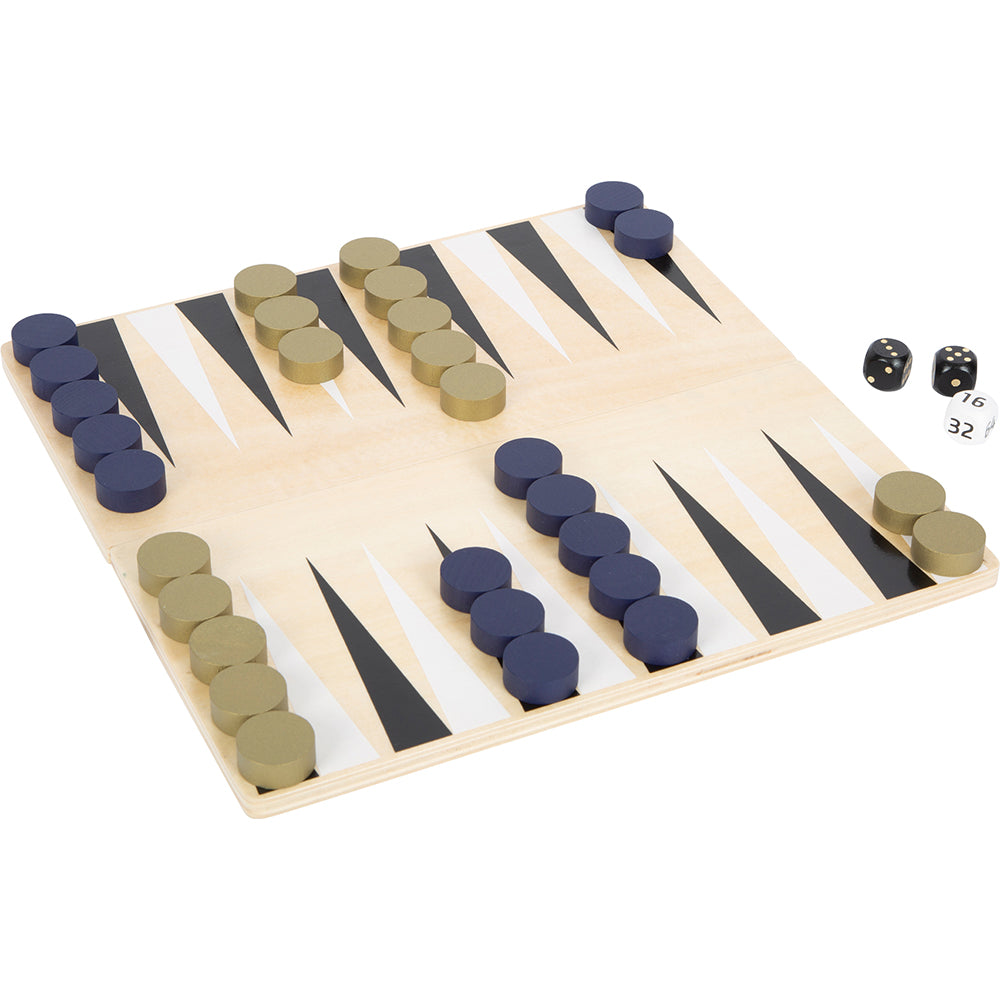 Das Schach und Backgammon-Set „Gold Edition“ besteht aus einem leichten Holzbrett mit Spielsteinen und Würfeln.