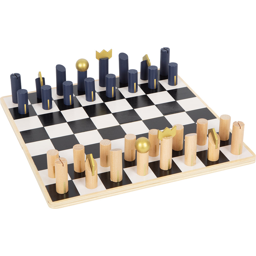 Das Schach und Backgammon-Set „Gold Edition“ besticht durch ein modernes Design mit minimalistischen, abstrakten Spielsteinen auf einem eleganten schwarz-weißen Brett.
