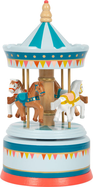 Die Spieluhr Pferdekarussell Zirkus ist eine farbenfrohe Spieluhr aus Holz mit bemalten Pferden und festlichen Wimpeldekorationen.