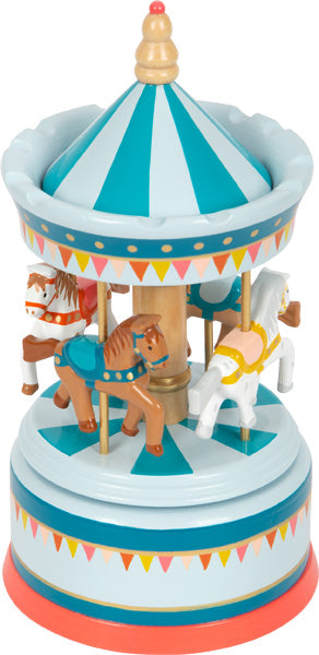 Die Spieluhr Pferdekarussell Zirkus ist ein farbenfrohes Spielzeugkarussell mit bemalten Pferden und einem blau-weiß gestreiften Baldachin.