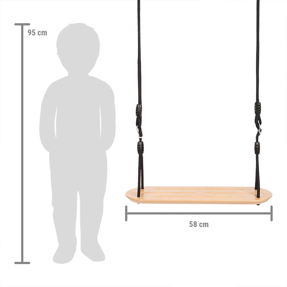 Die Brettschaukel XL „Black Line“ Holzschaukelsitz mit Seilen ist neben einer 95 cm großen Kindersilhouette und einer 58 cm großen Maßangabe abgebildet.