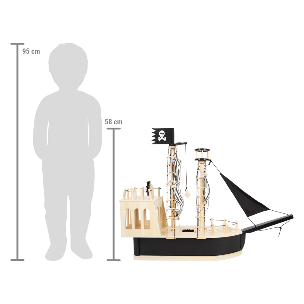 Zum Größenvergleich ist das Piratenschiff neben der Silhouette eines Kindes abgebildet: Das Schiff ist 58 cm groß, das Kind hingegen 95 cm.