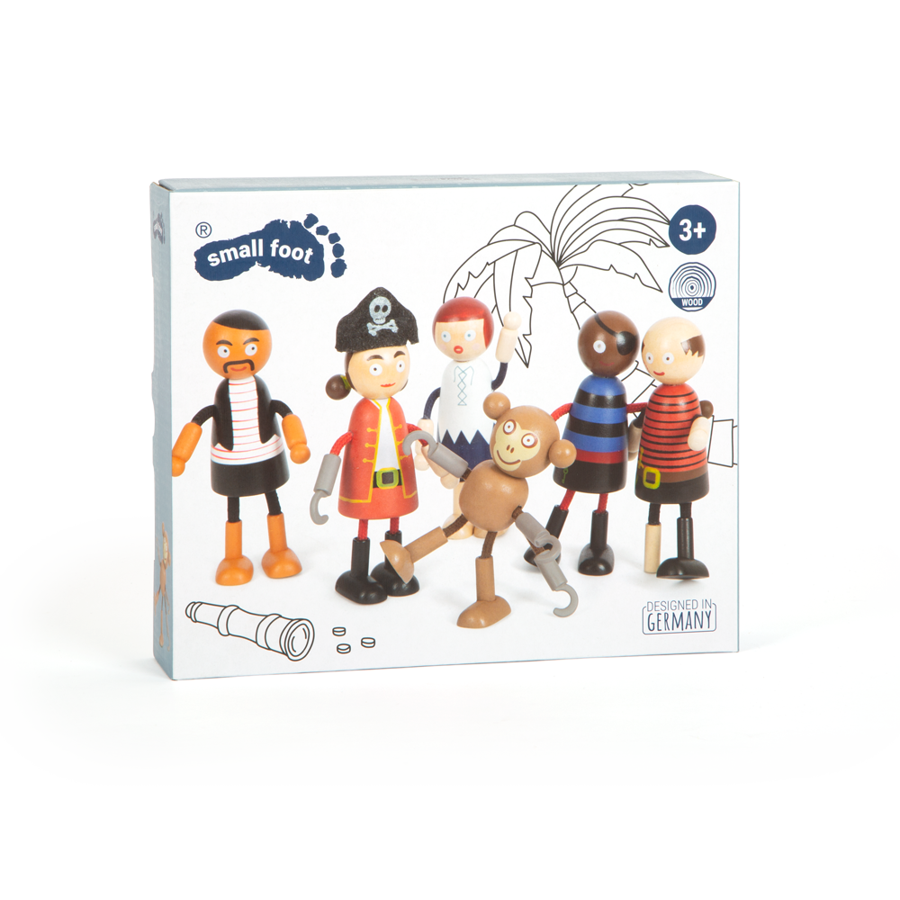 Das Biegepuppen Piraten Figuren Set beinhaltet hölzerne Spielfiguren zum Thema Piraten wie Pirat, Matrose, Geist, Affe und verschiedenes Zubehör.