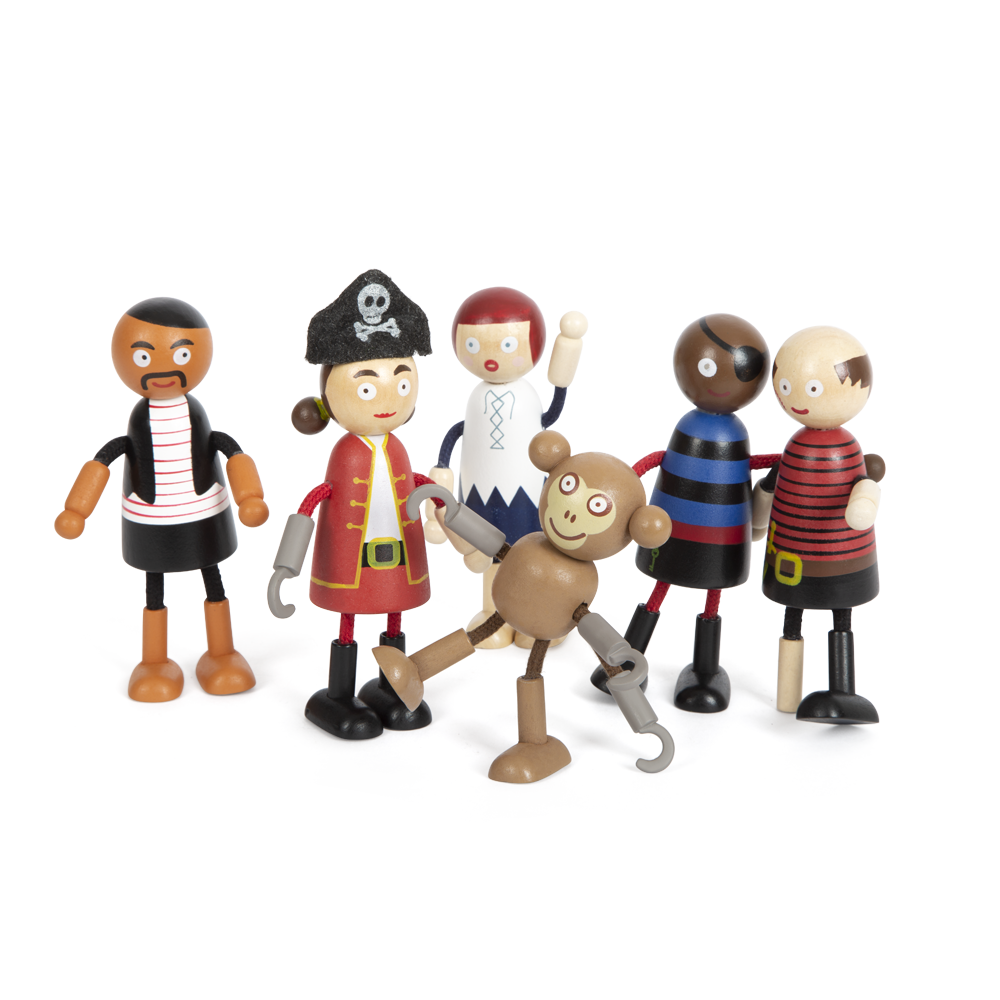 Sechs Biegepuppen Piraten Figuren – bunte Holzspielzeugpuppen, darunter ein Pirat und ein Affe – stehen lächelnd zusammen.