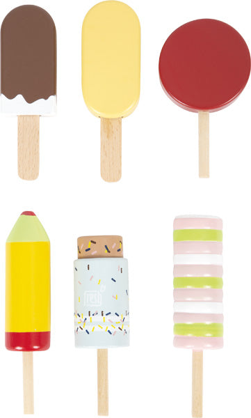 Sechs bunte Eis am Stiel „fresh“ in verschiedenen Farben und Formen, in zwei Reihen auf weißem Hintergrund angeordnet.