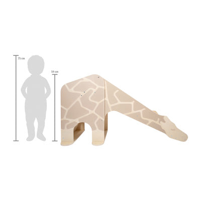 Die Indoor Rutsche Giraffe „Wildlife“ in Beige steht neben einer Kindersilhouette, die als Maßstab eine Körpergröße von 75 cm angibt.
