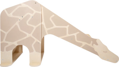 Beige Indoor-Rutsche für Kinder in Giraffenform mit schlichtem, stilisiertem Muster. Produktname: Indoor Rutsche Giraffe „Wildlife“.