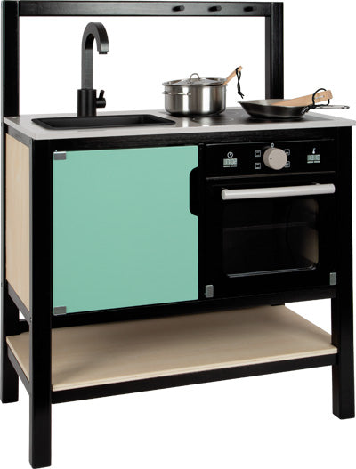 Die Kinderküche Industrial ist ein Kinderspielküchenset in Mintgrün und Schwarz, ausgestattet mit Spüle, Herd, Backofen und hochwertigem Kochgeschirr.