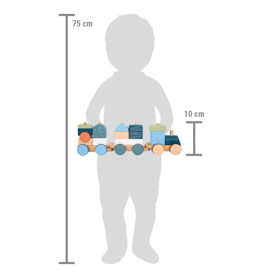 Silhouette eines Kindes, das den Holzzug „Arctic“ hält, mit Höhenmarkierungen, die eine Größe von 75 cm und einen 10 cm langen Zug anzeigen.