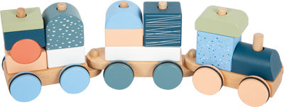 Der Holzzug „Arctic“ ist eine Spielzeugeisenbahn aus Holz mit pastellfarbenen geometrischen Blöcken auf Rädern, die in zwei Abschnitte unterteilt sind.