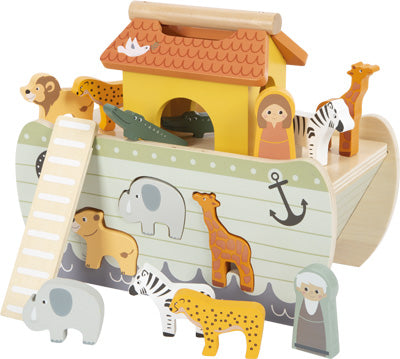 Das Holzspielzeug Steckspiel Arche Noah „Safari“ enthält Tier- und Menschenfiguren, darunter Elefanten, Giraffen, Zebras und wird mit einer Leiter geliefert.