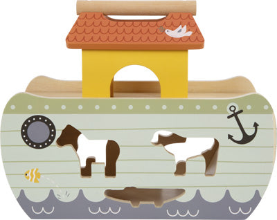 Steckspiel Arche Noah „Safari“: Holzspielzeug-Arche mit Tierausschnitten, Anker, Bullauge und Fischabbildung.