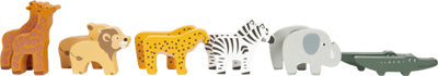 Beim Steckspiel Arche Noah „Safari“ sind die Spielfiguren Giraffe, Löwe, Gepard, Zebra, Elefant und Krokodil in einer Reihe aufgereiht.