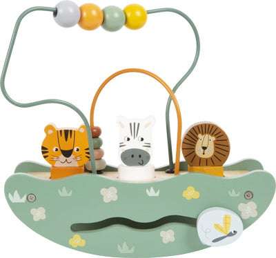 Die Motorikschleife mit Wippe „Safari“ besteht aus Tierfiguren (Tiger, Zebra, Löwe), bunten Perlen auf einem Draht und einer grün lackierten Basis.
