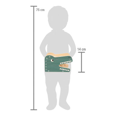 Silhouette eines Kindes, das das Klopfspiel mit Xylophon „Safari“ hält, dargestellt mit Höhenmarkierungen bei 75 cm und 14 cm.