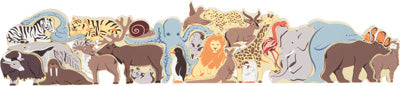 Illustration von Buchstabenpuzzle Tiere mit einem Zebra, Tiger, Löwen, Elefanten, Pinguin, Bären und weiteren Tieren zusammen.