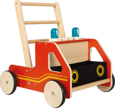 Der Lauflernwagen Feuerwehr ist ein Lauflernwagen aus Holz in Form eines Feuerwehrautos mit vier Rädern, einem Griff und einem zentralen Stauraum.