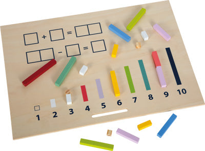 Lernbox Rechenstäbchen mit Zahlen „Educate“: Hölzernes Rechenbrett mit den Zahlen 1–10 und farbigen Stäben zum Zählen und Addieren.