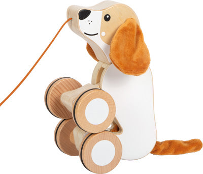 Nachziehender Hund mit Knisterohren: Holz-Ziehtier Hund mit orangefarbener Schnur, weichen Knisterohren, rollenden Rädern und wackelndem Schwanz.