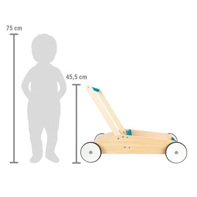 Lauflernwagen Petrolblau neben einer Kindersilhouette mit der Messlatte 75 cm, wobei die Gehhilfenhöhe mit 45,5 cm angegeben ist.