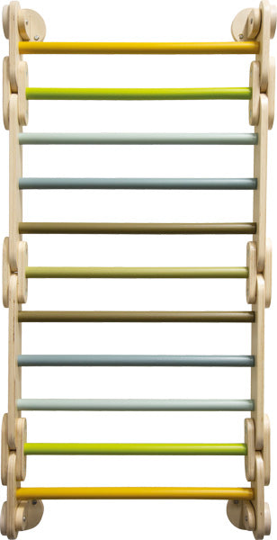 Das Kletterdreieck-Sprossenwand 2in1 „Adventure“ besticht durch mehrere bunte Balken in Gelb, Grün, Blau und Braun, von oben betrachtet.