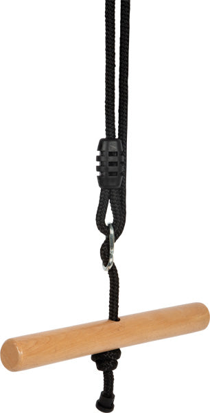 Die Trapezschaukel Twist „Black Line“ besteht aus einer hölzernen Trapezstange mit schwarzem Seil und Kunststoffversteller, die vertikal vor einem weißen Hintergrund hängt.