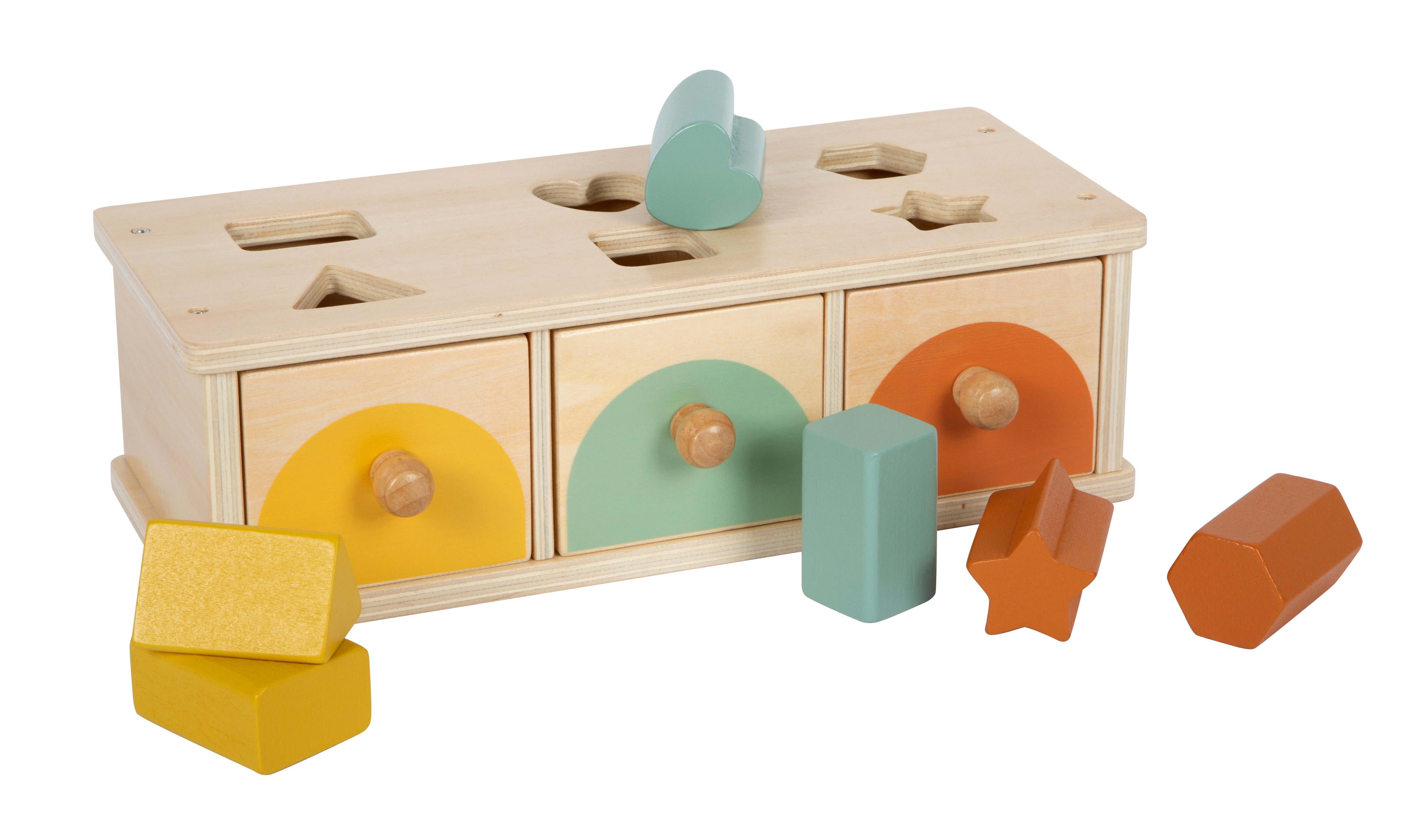 Holzspielzeug zum Sortieren von Formen mit Schubladen und bunten geometrischen Blöcken davor.