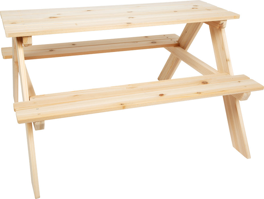 Picknicktisch aus Holz mit beidseitig angebrachten Bänken, dargestellt vor einem schlichten weißen Hintergrund.
