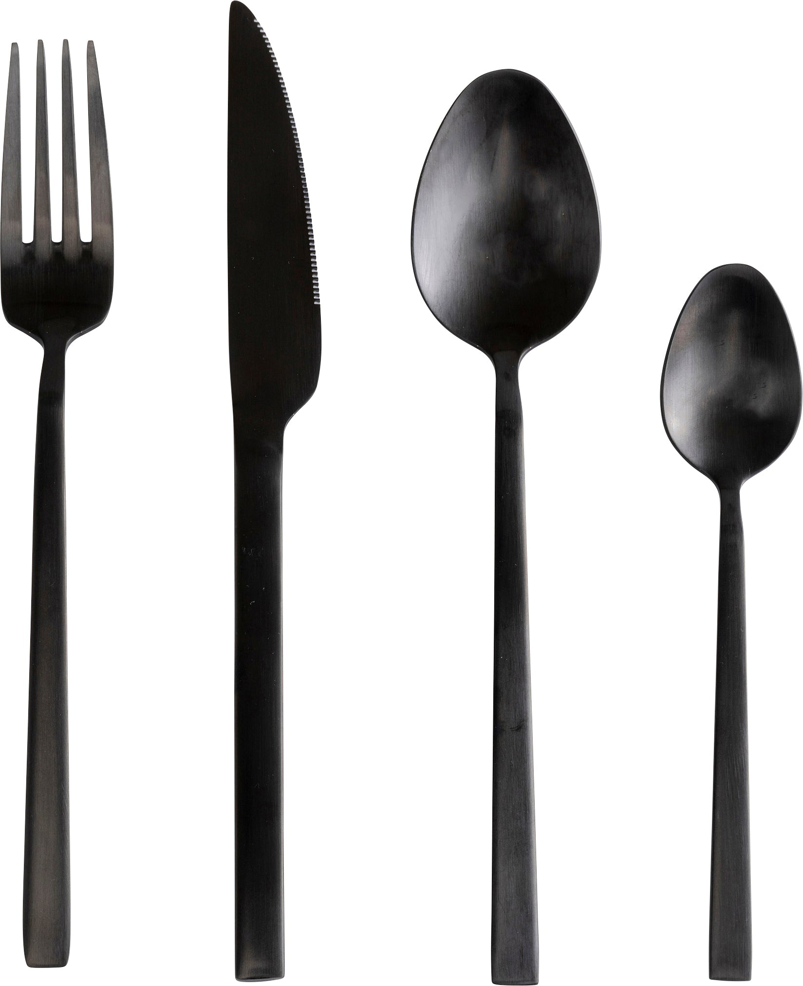 Das 16-teilige Besteckset „Gloria Matt Schwarz“ besteht aus titanbeschichtet mattschwarzen Utensilien – Gabel, gezacktes Messer, großer Löffel und kleiner Löffel mit skandinavischem Charakter –, die vertikal auf weißem Hintergrund angeordnet sind.