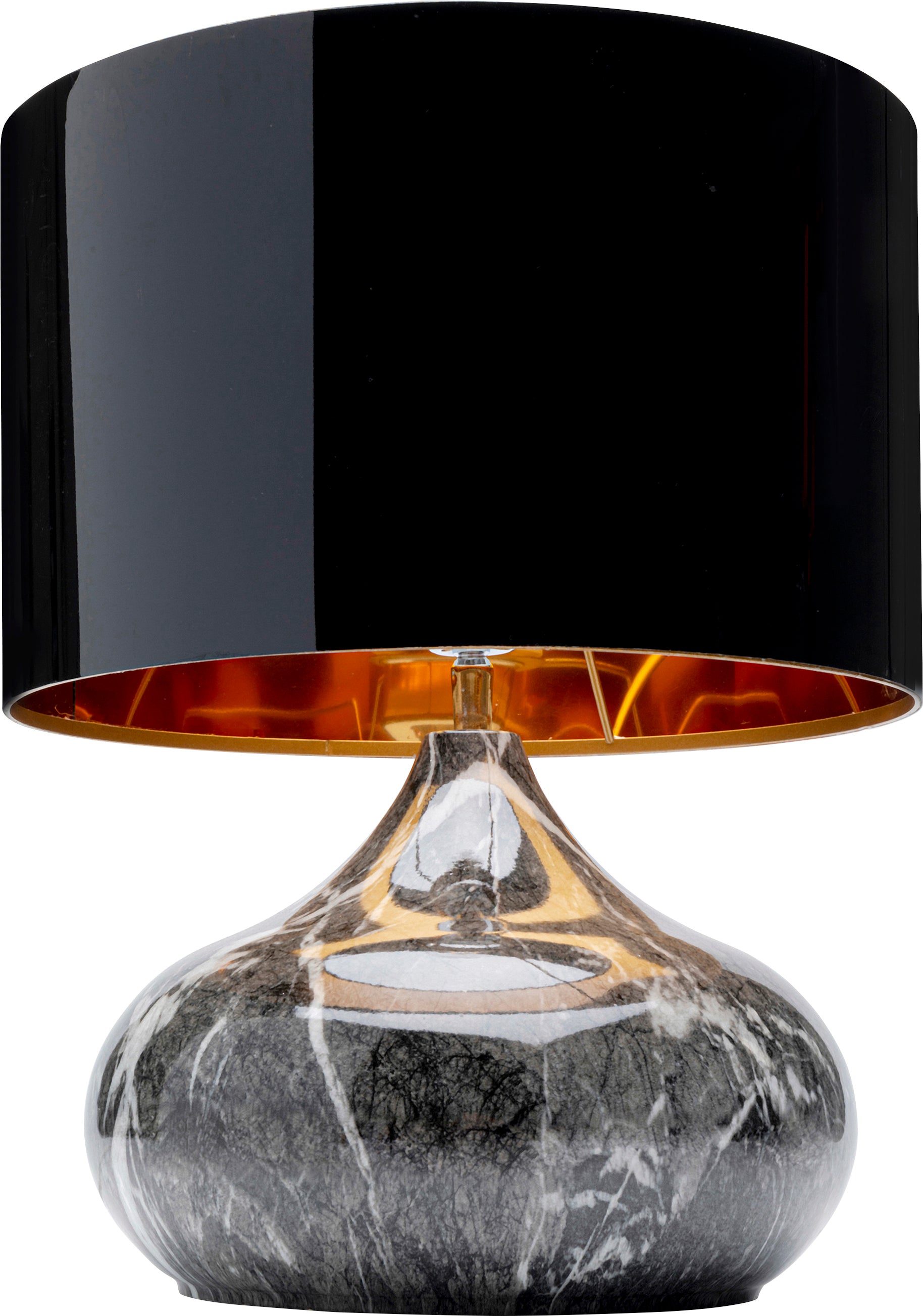 Die Tischleuchte Mamo Deluxe verfügt über einen glänzend schwarzen Lampenschirm mit goldener Innenseite und einen abgerundeten Sockel im Marmordesign mit eleganter grauer und weißer Maserung, die ein warmes, reflektierendes Licht erzeugt.