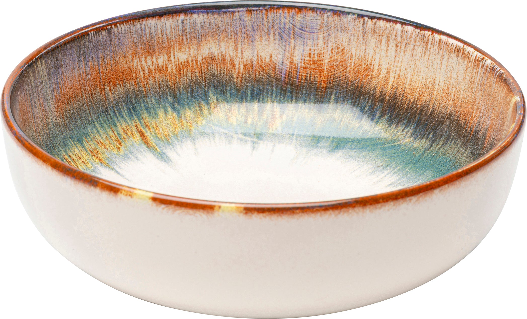Die Schüssel Laguna Blau Ø18cm ist eine Keramikschüssel mit breitem Rand und geringer Tiefe. Sie weist blaue, grüne und braune Pinselstriche entlang des inneren Randes auf, die in einen cremeweißen Grund übergehen – ein Highlight in jeder Steinzeug Geschirr-Kollektion.