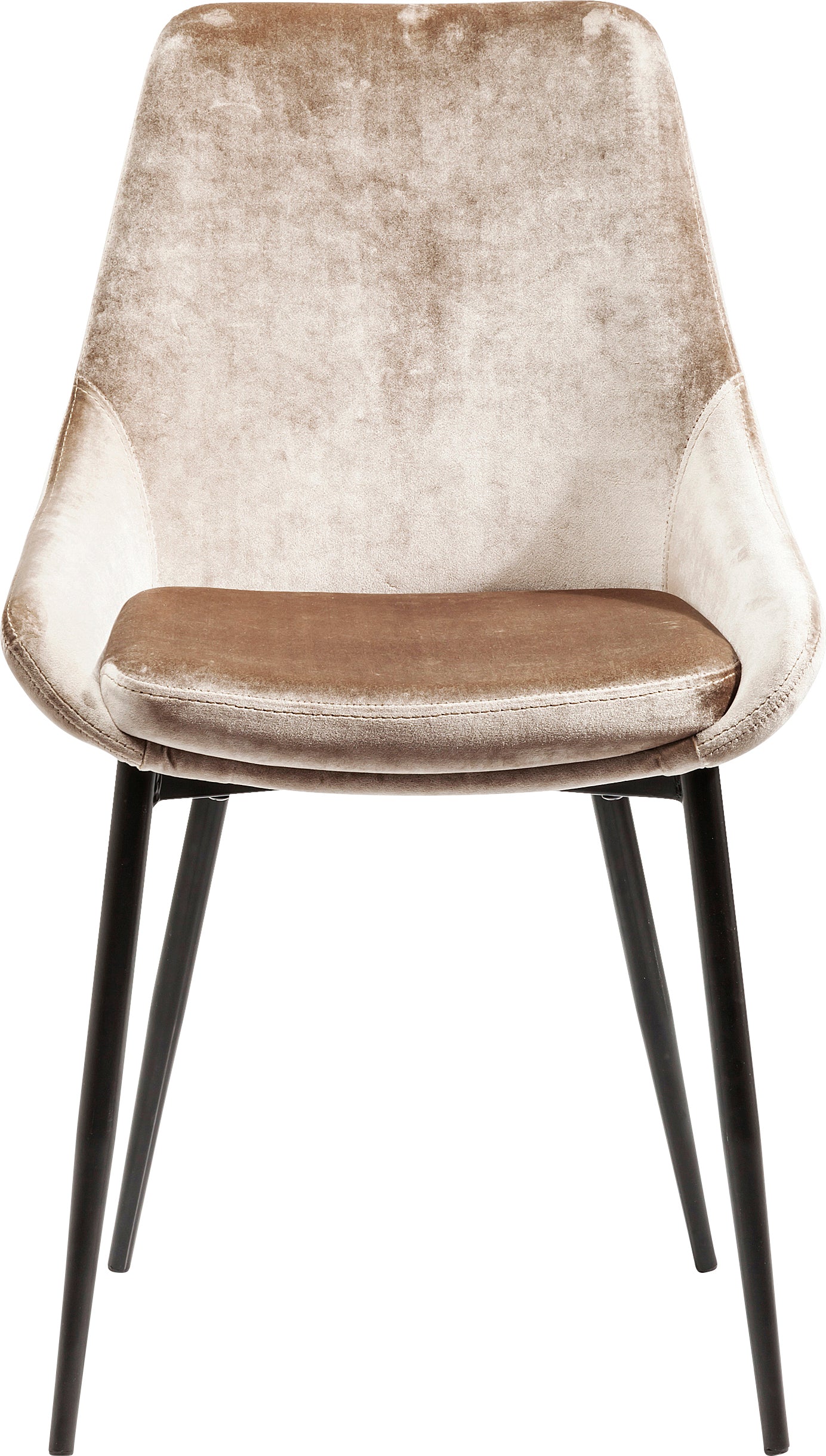 Der Stuhl East Side Pearl überzeugt mit bequemer, beigefarbener Samtpolsterung, schwarzen Metallbeinen, minimalistischem Design und einer sanft geschwungenen Rückenlehne für ein stilvolles Wohnambiente.