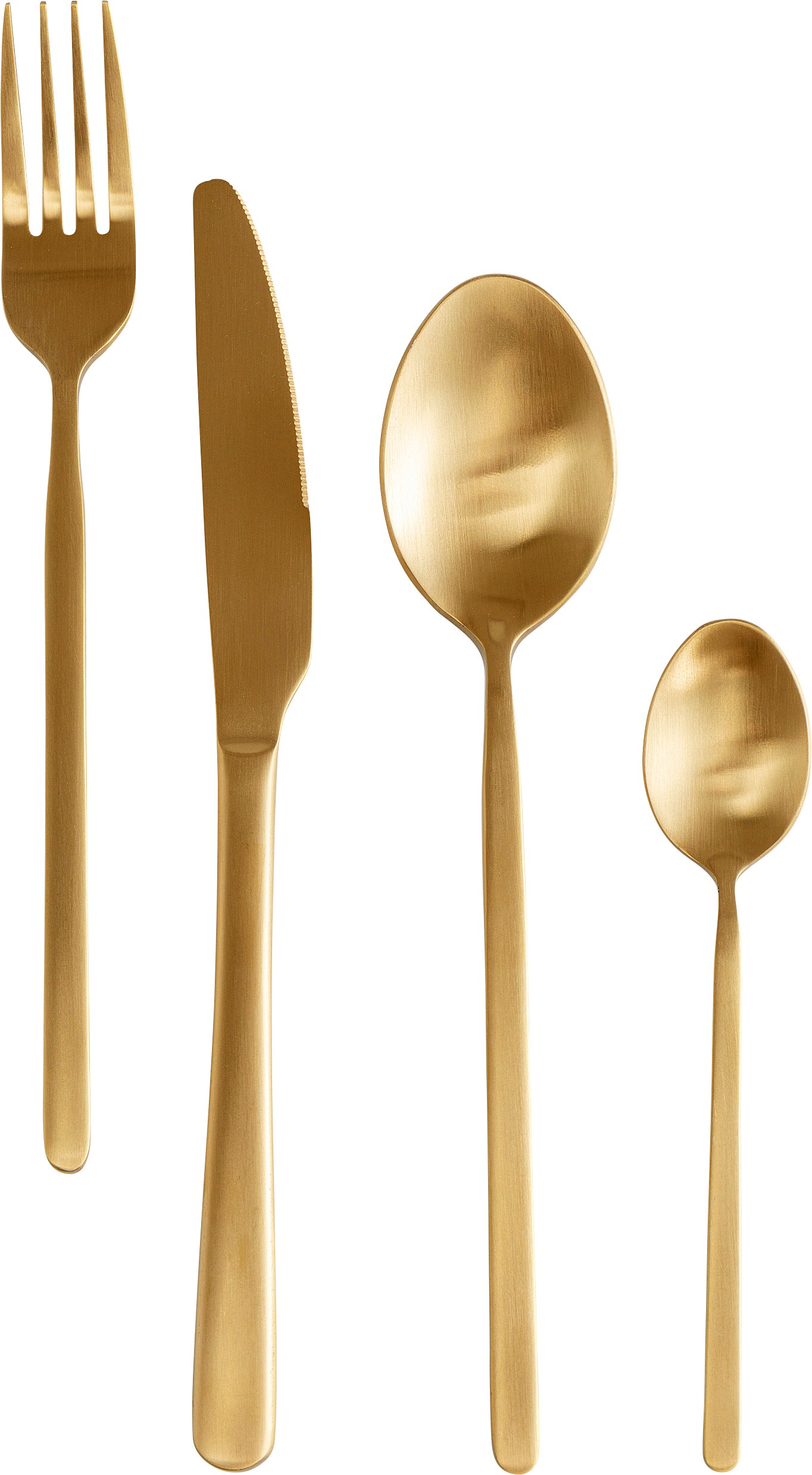 Das Besteck Gloria Matt Gold (16/tlg.) Set besteht aus vier goldfarbenen Utensilien mit mattem Finish – Gabel, Messer, Esslöffel und Teelöffel –, die elegant vertikal auf weißem Hintergrund angeordnet sind.