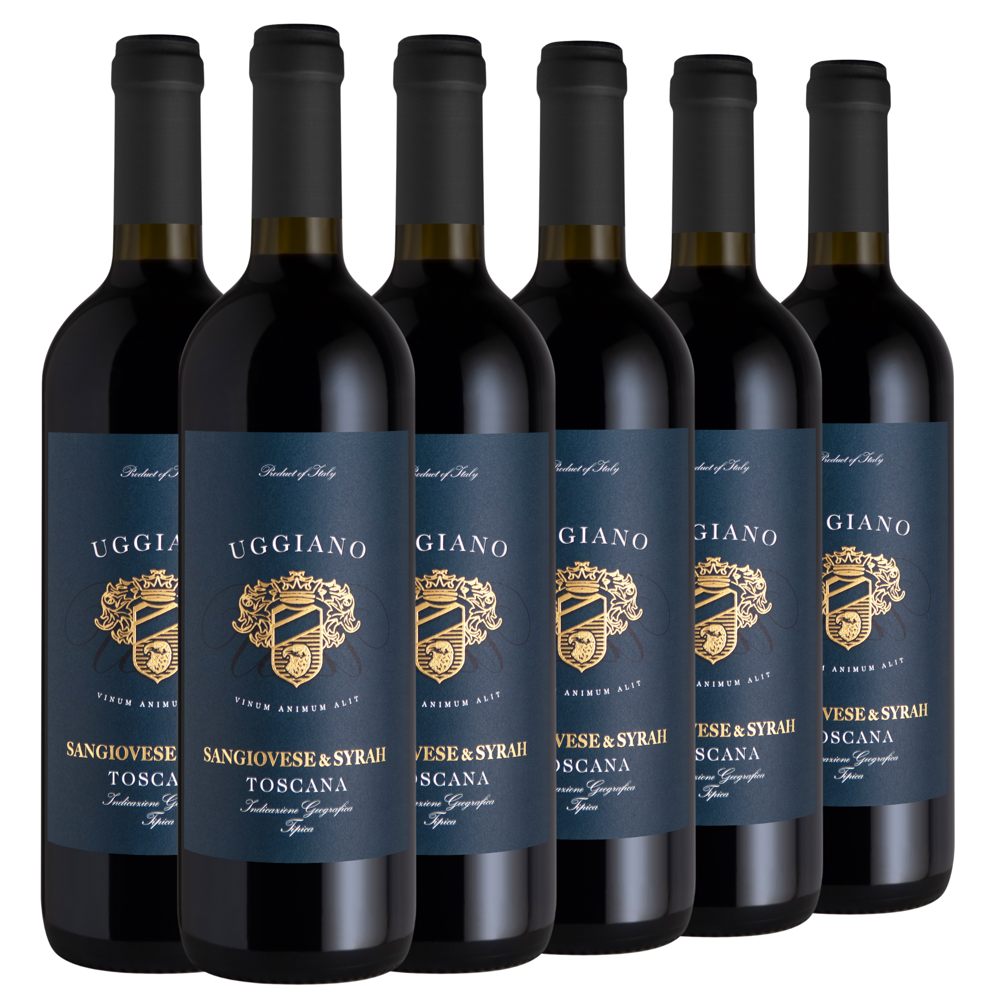 Sechs Flaschen des Rotweins Uggiano Sangiovese & Syrah Toscana mit blauen und goldenen Etiketten.
