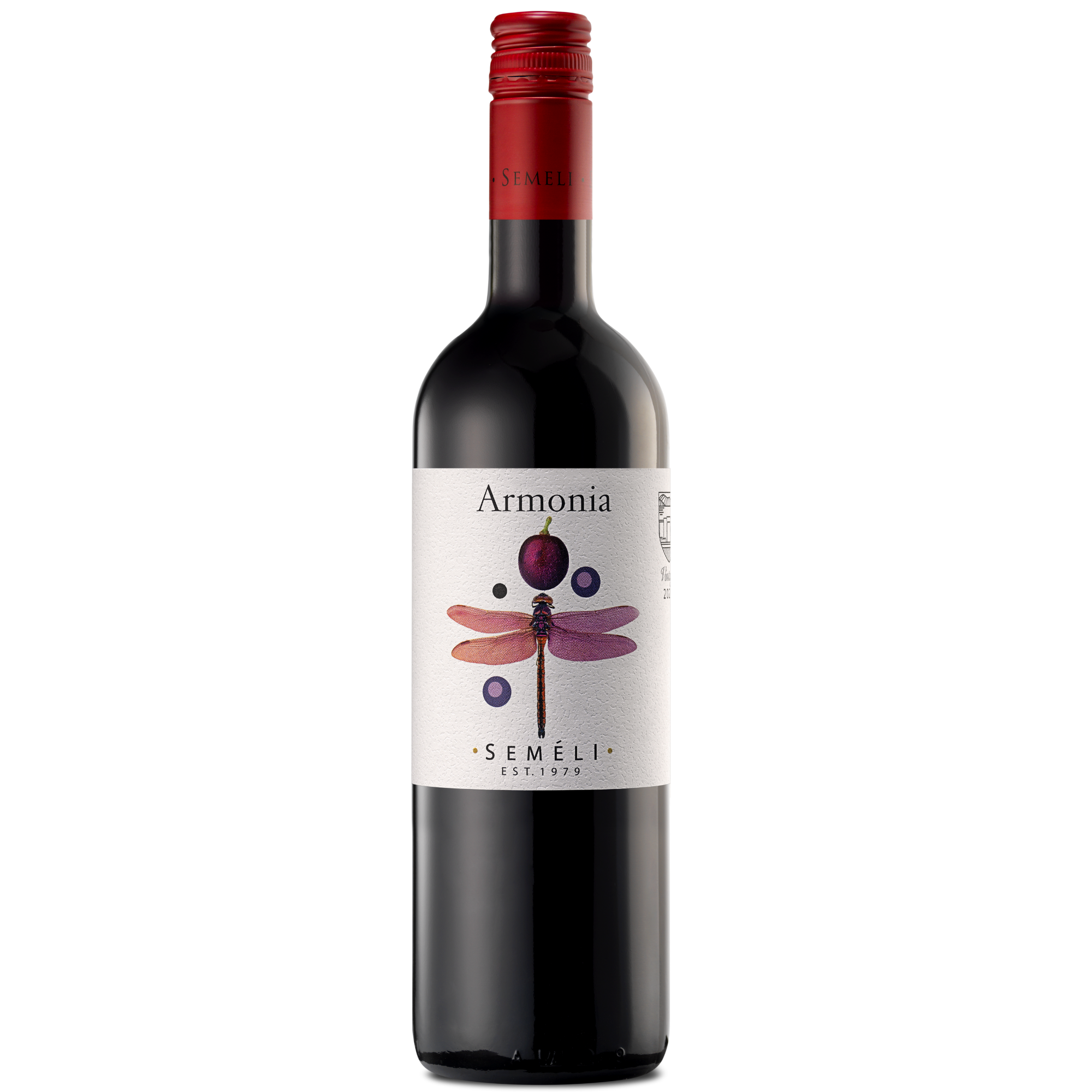 Eine Flasche Semeli Armonia Rotwein mit rotem Schraubverschluss und einem Etikett mit einer Libellenillustration und dem Markennamen.