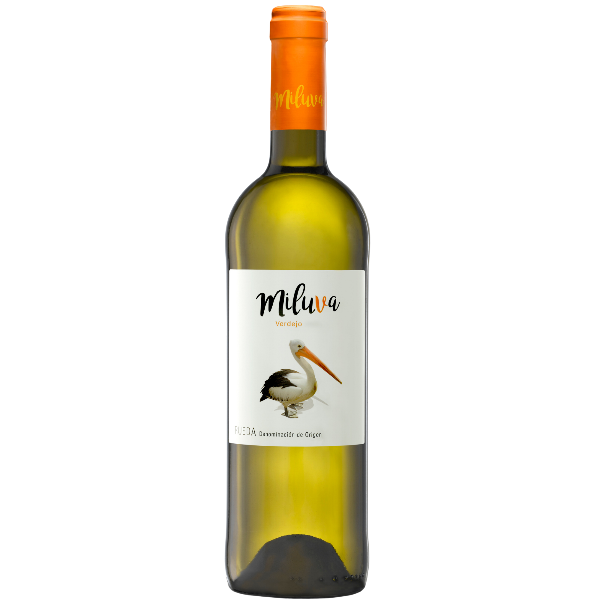 Eine Flasche des Weißweins Miluva Verdejo mit einer Pelikan-Abbildung auf dem Etikett.